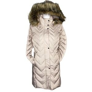 Andrew Marc New York Down Puffer Coat Parka Sz Medium Beige Faux Fur